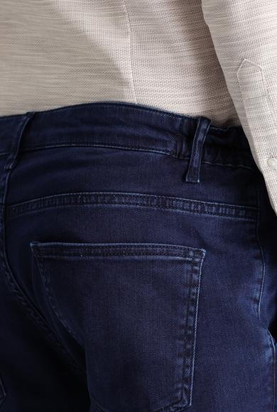 Erkek Giyim - ORTA LACİVERT 50 Beden Regular Fit Beli Lastikli Likralı Denim Look Pantolon