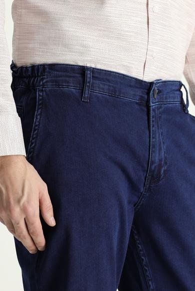 Erkek Giyim - ORTA LACİVERT 50 Beden Regular Fit Beli Lastikli Likralı Denim Look Pantolon