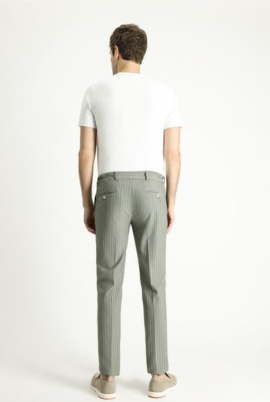 Erkek Giyim - KÜF YEŞİLİ 54 Beden Slim Fit Dar Kesim Beli Lastikli Likralı Çizgili Klasik Kumaş Pantolon