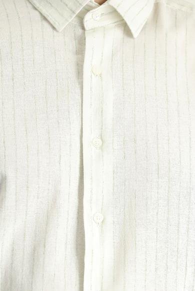 Erkek Giyim - ÇAĞLA YEŞİLİ L Beden Kısa Kol Regular Fit Çizgili Spor Pamuklu Gömlek