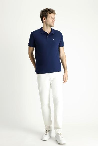 Erkek Giyim - ORTA LACİVERT 3X Beden Polo Yaka Slim Fit Dar Kesim Nakışlı Pamuk Tişört