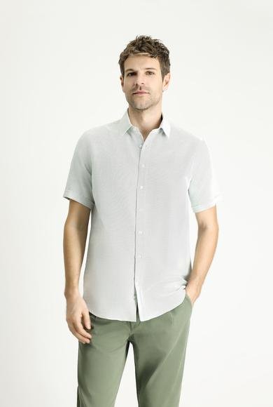 Erkek Giyim - ÇİMEN YEŞİLİ M Beden Kısa Kol Regular Fit Keten Görünümlü Pamuklu Gömlek