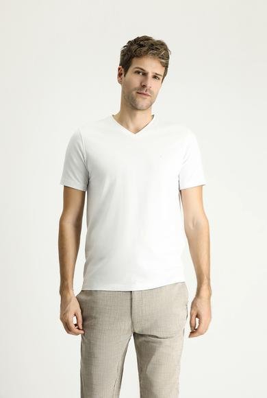 Erkek Giyim - BEYAZ L Beden V Yaka Slim Fit Dar Kesim Süprem Pamuklu Tişört