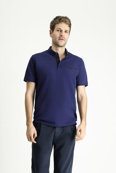 Erkek Giyim - ORTA LACİVERT M Beden Polo Yaka Regular Fit Desenli Pamuk Tişört