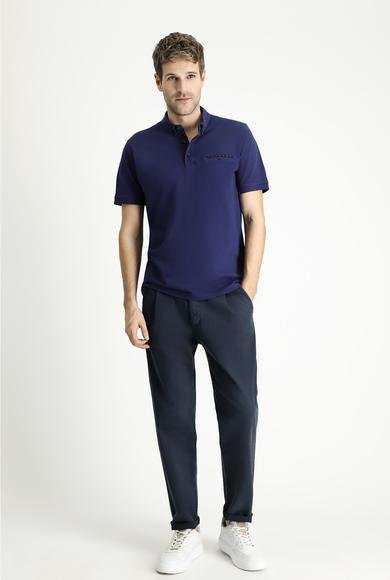 Erkek Giyim - ORTA LACİVERT M Beden Polo Yaka Regular Fit Desenli Pamuk Tişört
