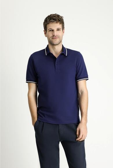 Erkek Giyim - ORTA LACİVERT 5X Beden Polo Yaka Regular Fit Desenli Pamuklu Tişört