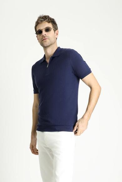 Erkek Giyim - SİYAH LACİVERT L Beden Polo Yaka Regular Fit Fermuarlı Desenli Pamuklu Tişört