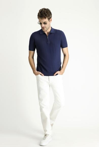 Erkek Giyim - SİYAH LACİVERT L Beden Polo Yaka Regular Fit Fermuarlı Desenli Pamuklu Tişört