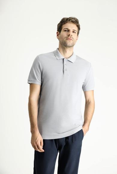 Erkek Giyim - ORTA GRİ L Beden Polo Yaka Slim Fit Dar Kesim Nakışlı Pamuk Tişört