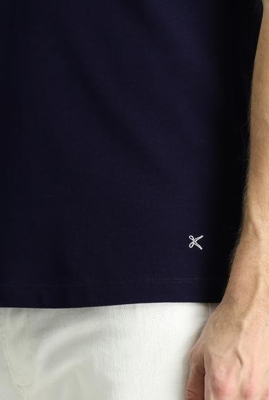 Erkek Giyim - KOYU LACİVERT S Beden Polo Yaka Slim Fit Dar Kesim Nakışlı Pamuk Tişört