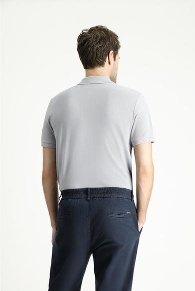 Erkek Giyim - ORTA GRİ L Beden Polo Yaka Slim Fit Dar Kesim Nakışlı Pamuk Tişört