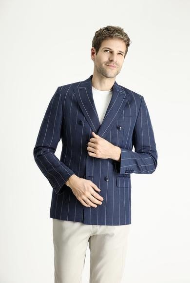 Erkek Giyim - KOYU LACİVERT 50 Beden Regular Fit Kruvaze Çizgili Keten Ceket