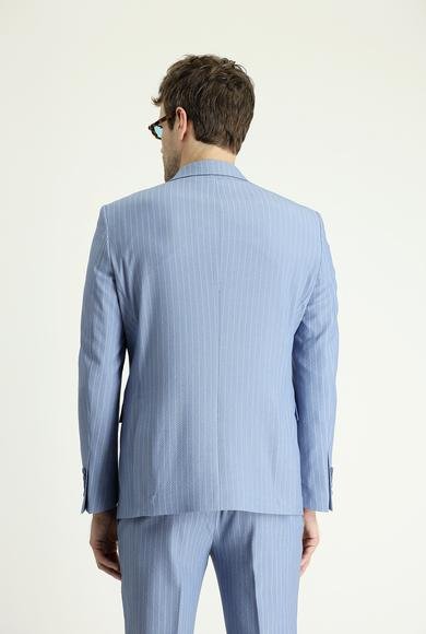 Erkek Giyim - AÇIK MAVİ 58 Beden Slim Fit Dar Kesim Çizgili Kruvaze Ceket
