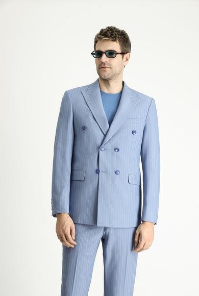 Erkek Giyim - AÇIK MAVİ 58 Beden Slim Fit Dar Kesim Çizgili Kruvaze Ceket