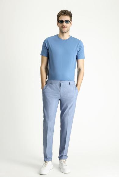 Erkek Giyim - AÇIK MAVİ 48 Beden Slim Fit Dar Kesim Beli Lastikli Likralı Çizgili Klasik Kumaş Pantolon