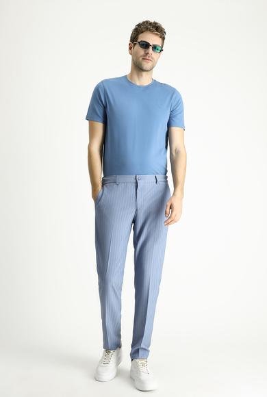 Erkek Giyim - AÇIK MAVİ 48 Beden Slim Fit Dar Kesim Beli Lastikli Likralı Çizgili Klasik Kumaş Pantolon