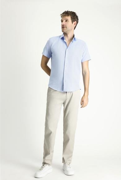 Erkek Giyim - AÇIK MAVİ 3X Beden Kısa Kol Slim Fit Dar Kesim Desenli Pamuklu Gömlek