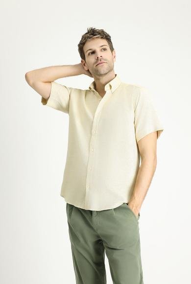 Erkek Giyim - AÇIK SARI M Beden Kısa Kol Regular Fit Desenli Spor Pamuklu Gömlek