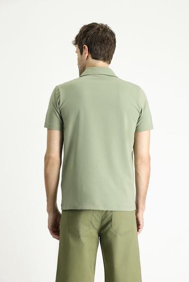 Erkek Giyim - ORMAN YEŞİLİ L Beden Polo Yaka Slim Fit Dar Kesim Pamuklu Tişört