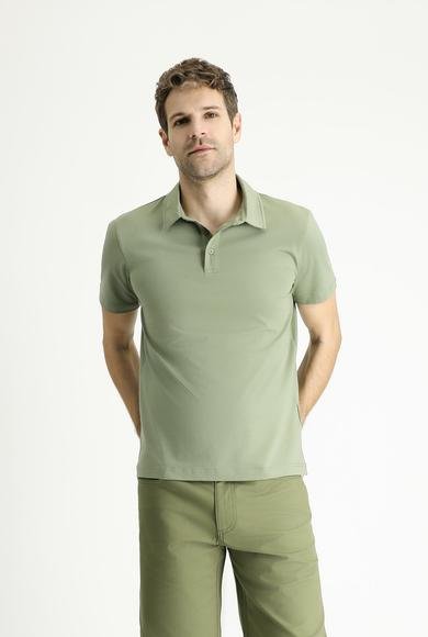 Erkek Giyim - ORMAN YEŞİLİ L Beden Polo Yaka Slim Fit Dar Kesim Pamuklu Tişört