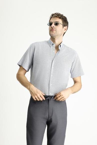 Erkek Giyim - AÇIK LACİVERT XL Beden Kısa Kol Regular Fit Desenli Pamuk Gömlek