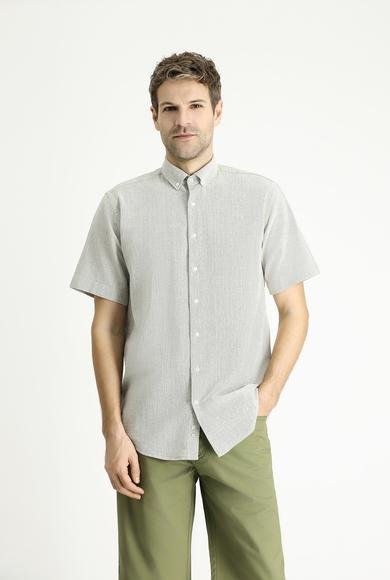 Erkek Giyim - AÇIK HAKİ L Beden Kısa Kol Regular Fit Desenli Pamuk Gömlek