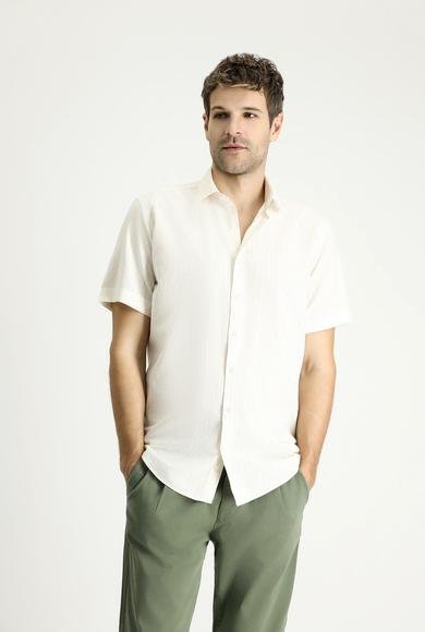Erkek Giyim - SARI M Beden Kısa Kol Regular Fit Çizgili Spor Pamuklu Gömlek