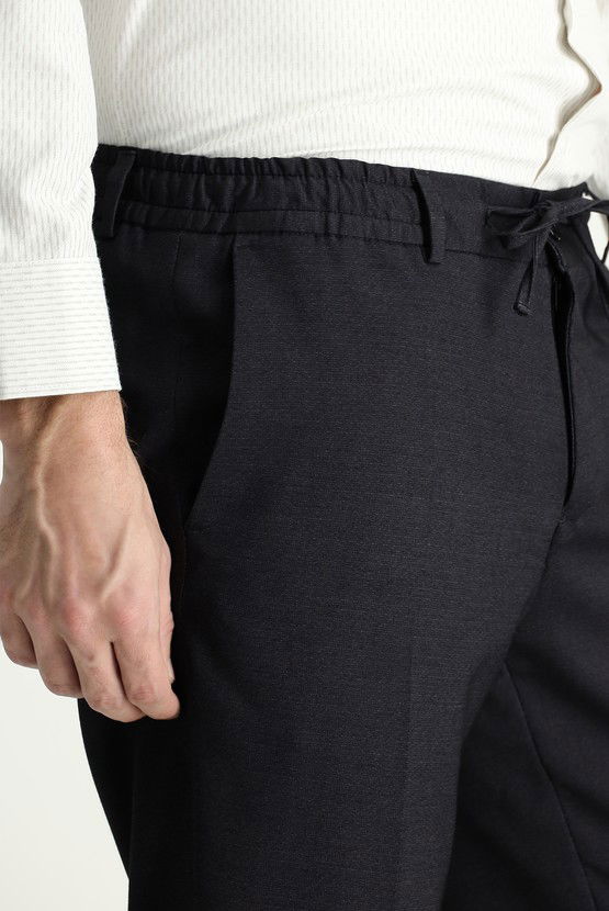 Erkek Giyim - Super Slim Fit Ekstra Dar Kesim Beli Lastikli İpli Likralı Desenli Klasik Kumaş Pantolon