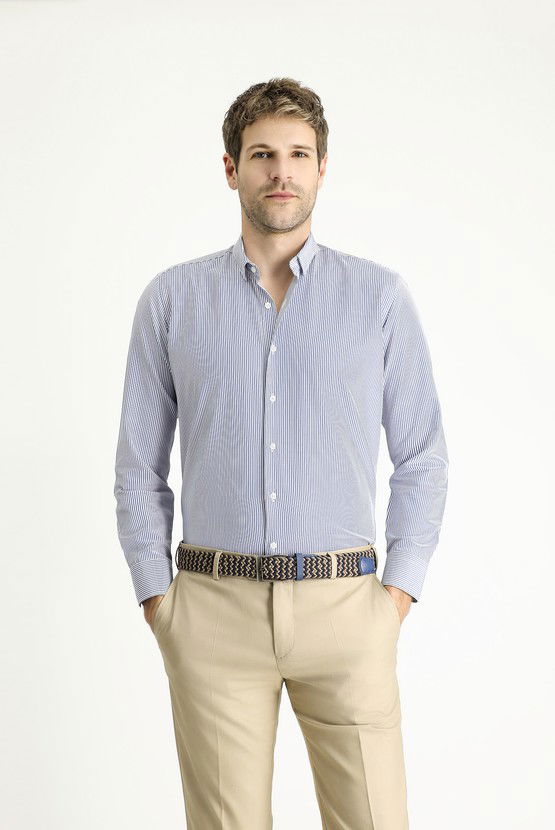 Erkek Giyim - Uzun Kol Slim Fit Dar Kesim Çizgili Pamuklu Kolay Ütülenebilir Gömlek
