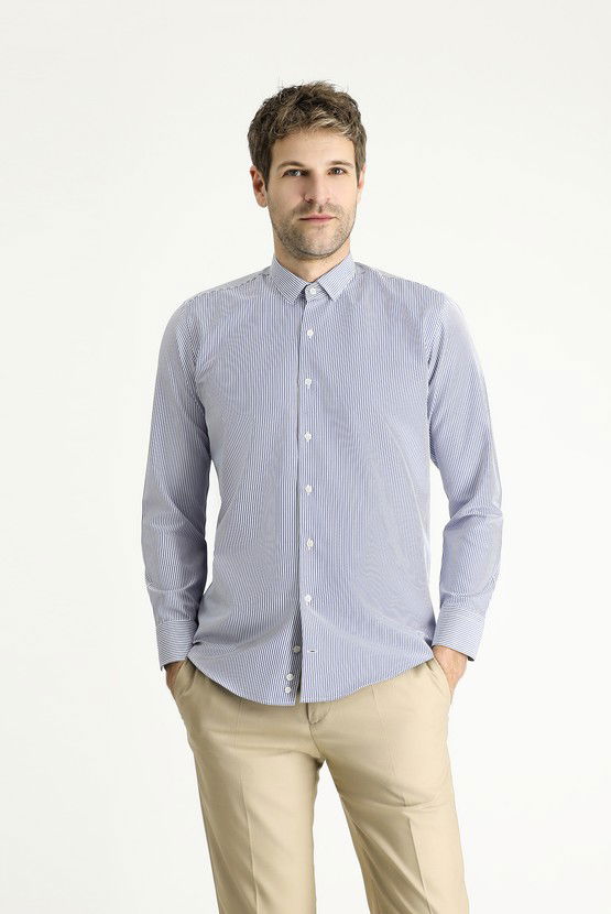 Erkek Giyim - Uzun Kol Slim Fit Dar Kesim Çizgili Pamuklu Kolay Ütülenebilir Gömlek