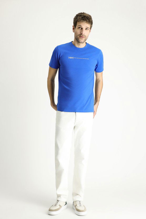 Erkek Giyim - Bisiklet Yaka Slim Fit Dar Kesim Baskılı Pamuk Tişört