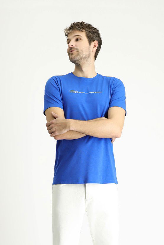 Erkek Giyim - Bisiklet Yaka Slim Fit Dar Kesim Baskılı Pamuk Tişört