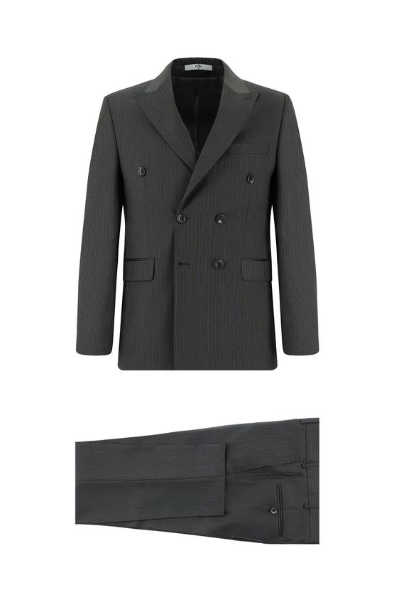 Erkek Giyim - Slim Fit Dar Kesim Çizgili Kruvaze Takım Elbise