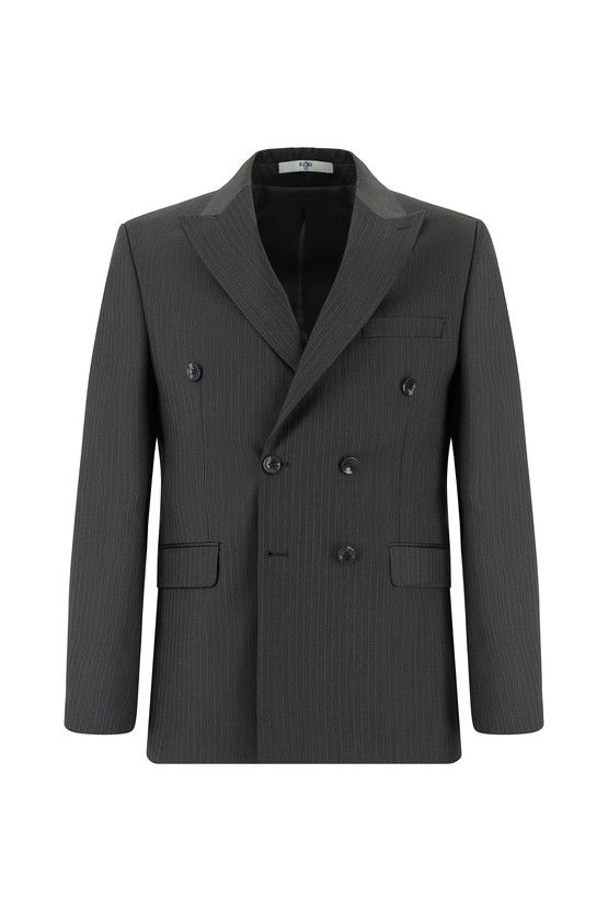 Erkek Giyim - Slim Fit Dar Kesim Çizgili Kruvaze Takım Elbise
