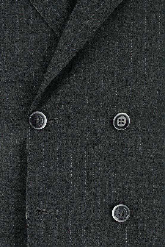 Erkek Giyim - Slim Fit Dar Kesim Çizgili Kruvaze Takım Elbise