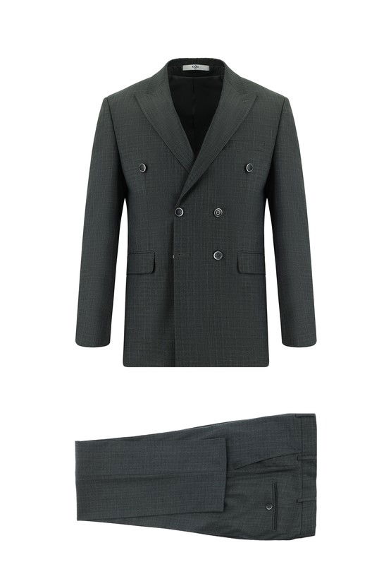 Erkek Giyim - Slim Fit Dar Kesim Çizgili Kruvaze Takım Elbise