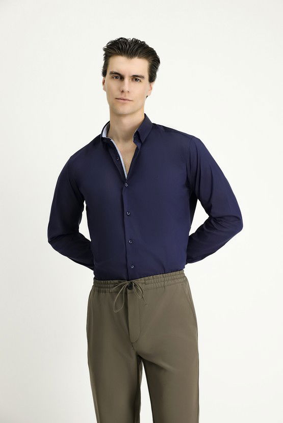 Erkek Giyim - Uzun Kol Slim Fit Dar Kesim Klasik Pamuklu Gömlek