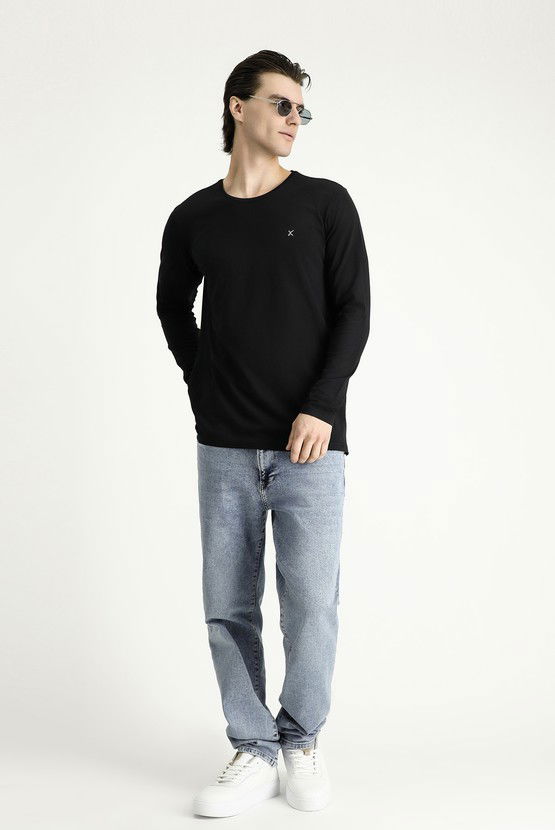 Erkek Giyim - Bisiklet Yaka Slim Fit Dar Kesim Pamuklu Sweatshirt