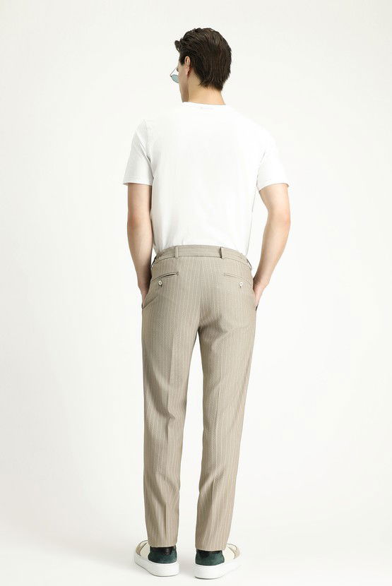 Erkek Giyim - Slim Fit Dar Kesim Beli Lastikli Likralı Çizgili Klasik Kumaş Pantolon