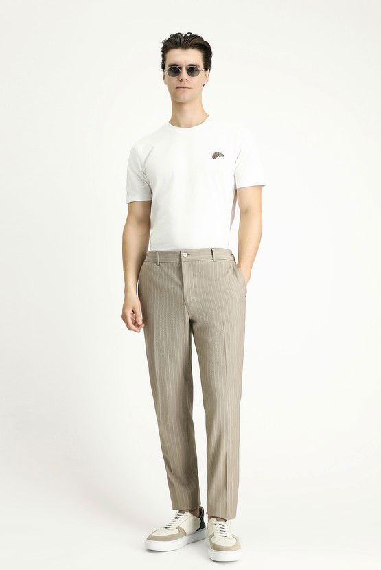 Erkek Giyim - Slim Fit Dar Kesim Beli Lastikli Likralı Çizgili Klasik Kumaş Pantolon