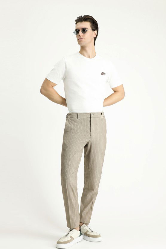 Erkek Giyim - Slim Fit Dar Kesim Beli Lastikli Likralı Çizgili Klasik Kumaş Pantolon