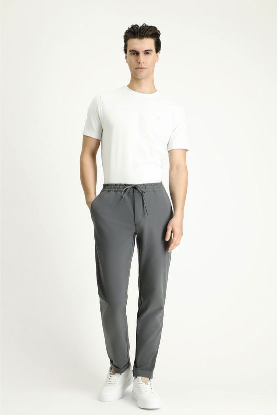 Erkek Giyim - Techno-Line Slim Fit Dar Kesim Beli Lastikli İpli Likralı Klasik Kumaş Pantolon