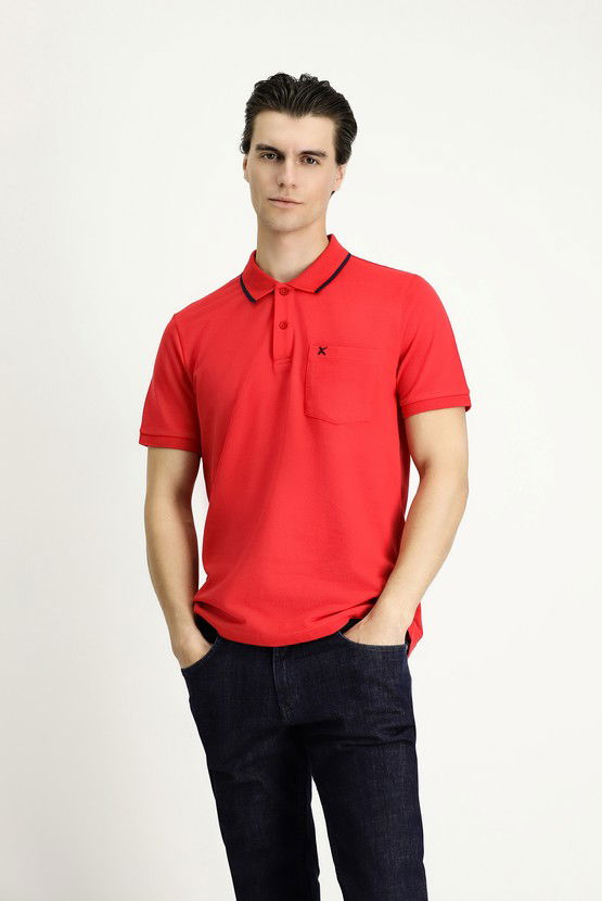 Erkek Giyim - Slim Fit Dar Kesim Desenli Nakışlı Pamuk Polo Yaka Tişört