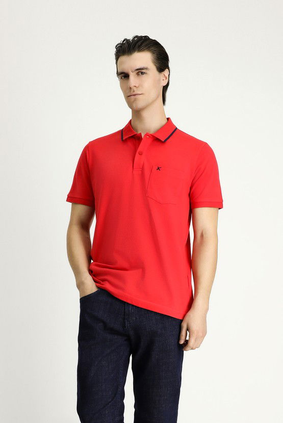Erkek Giyim - Slim Fit Dar Kesim Desenli Nakışlı Pamuk Polo Yaka Tişört