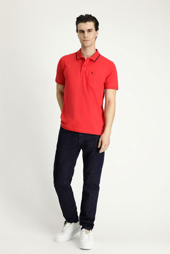 Erkek Giyim - Slim Fit Dar Kesim Desenli Nakışlı Pamuk Polo Yaka Tişört