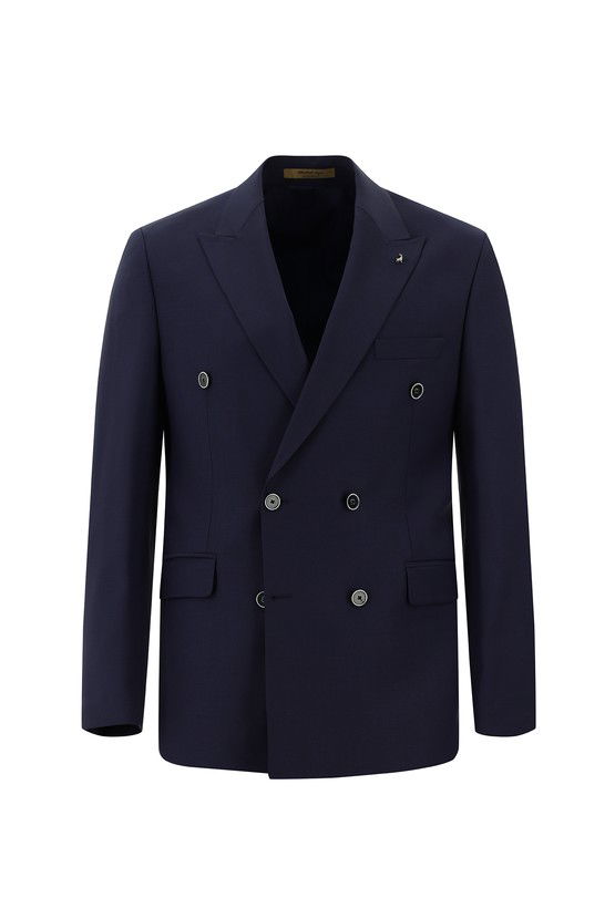 Erkek Giyim - Slim Fit Dar Kesim Yünlü Kruvaze Takım Elbise