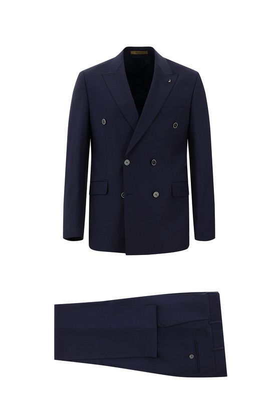 Erkek Giyim - Slim Fit Dar Kesim Yünlü Kruvaze Takım Elbise