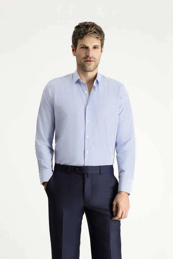 Erkek Giyim - Uzun Kol Slim Fit Dar Kesim Çizgili Pamuklu Kolay Ütülenebilir Gömlek