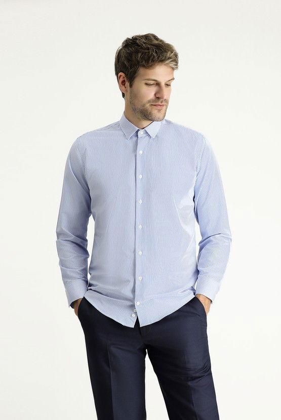 Erkek Giyim - Uzun Kol Slim Fit Dar Kesim Çizgili Pamuklu Kolay Ütülenebilir Gömlek