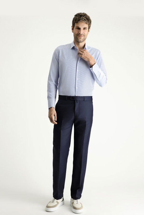 Erkek Giyim - Uzun Kol Slim Fit Dar Kesim Çizgili Pamuklu Kolay Ütülenebilir Gömlek